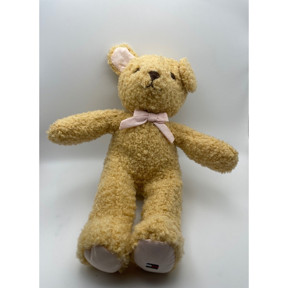 Tommy Hilfiger Plush Teddy Bear curly hair Pink Bow Pinstripe Logo Collectible